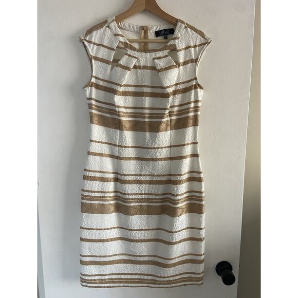 Lbisse Dress Size Medium Sleeveless Fitted Peeka Boo Cutouts White Beige Stripe - Picture 1 of 9